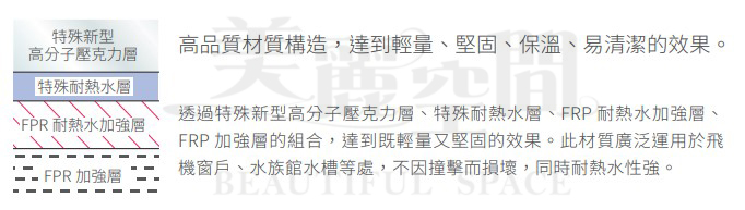 高品質材質構造，達到輕量、堅固、保溫、易清潔的效果。 透過特殊新型高分子壓克力層、特殊耐熱水層、FRP 耐熱水加強層、 FRP 加強層的組合，達到既輕量又堅固的效果。此材質廣泛運用於飛 機窗戶、水族館水槽等處，不因撞擊而損壞，同時耐熱水性強。
